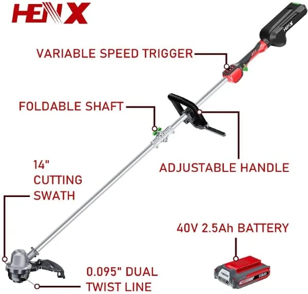 Henx 40V 14 Inch 2.5 AH Rechargeable Brushless Cordless Trimmer Edger Combo best trimmer edger combo