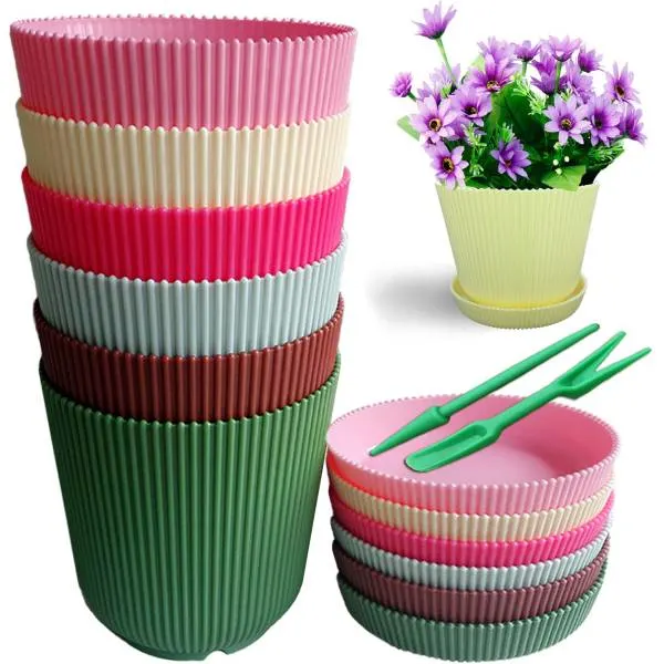 QUIET 6 Candy Colors Fashion Stripes Plastic Flower Pots Planters With Saucers 4.6