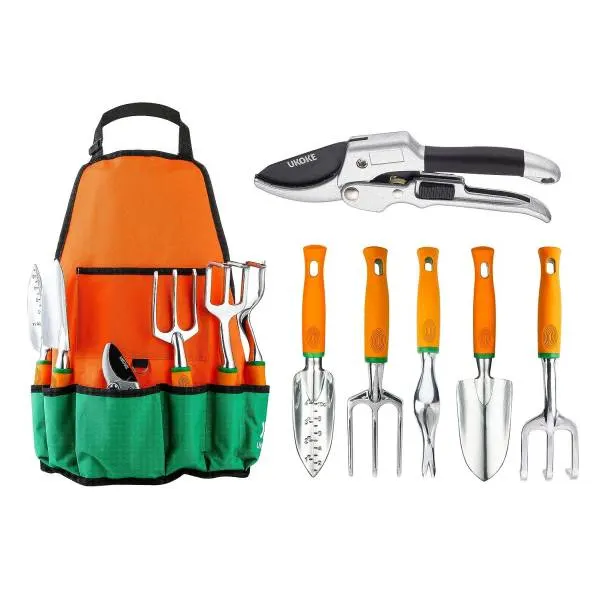 UKOKE Garden Tool Set 12 Piece Aluminum Hand Tool Kit Garden Canvas Apron with Storage Pocket